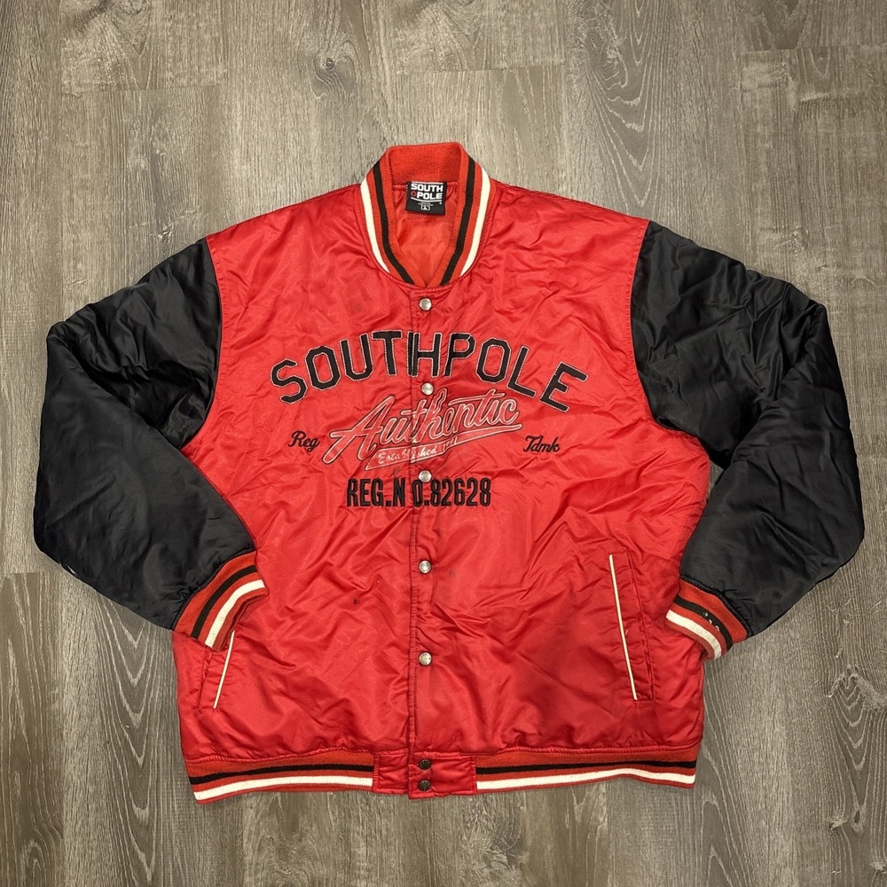 VTG South Pole Bomber Jacket Mens Large Snap Embroidered Streetwear Y2K Distress